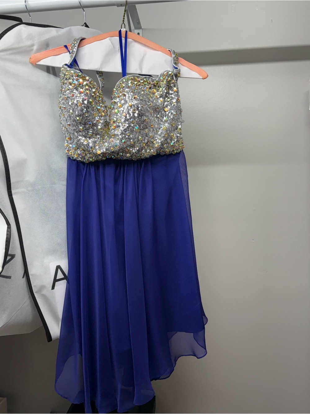 La Femme Royal Blue Chiffon Dress with Silver Sequin Bodice